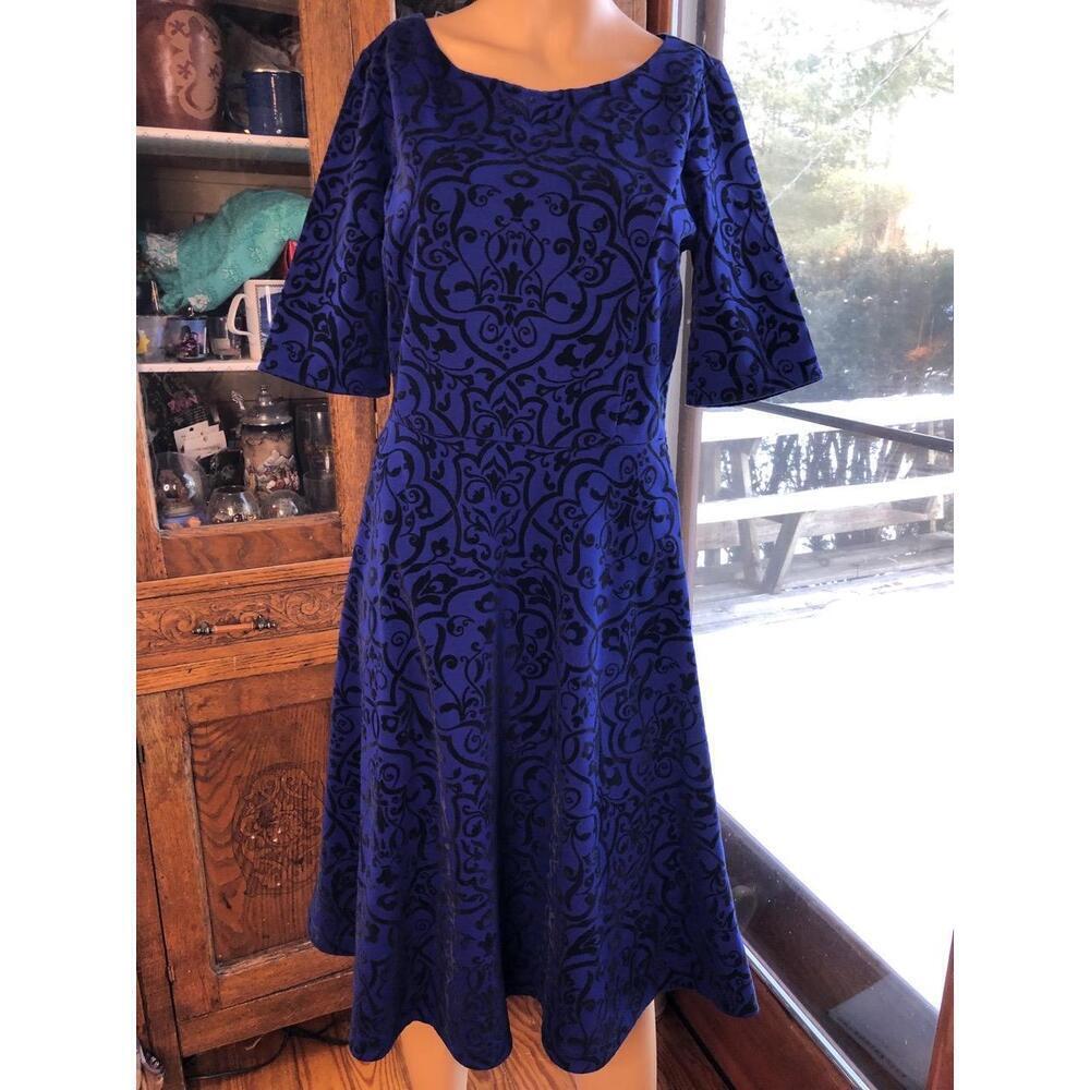 Lands End Blue Dress Elbow Sleeves Scoop Neck Womens A-line Knee Length Medium